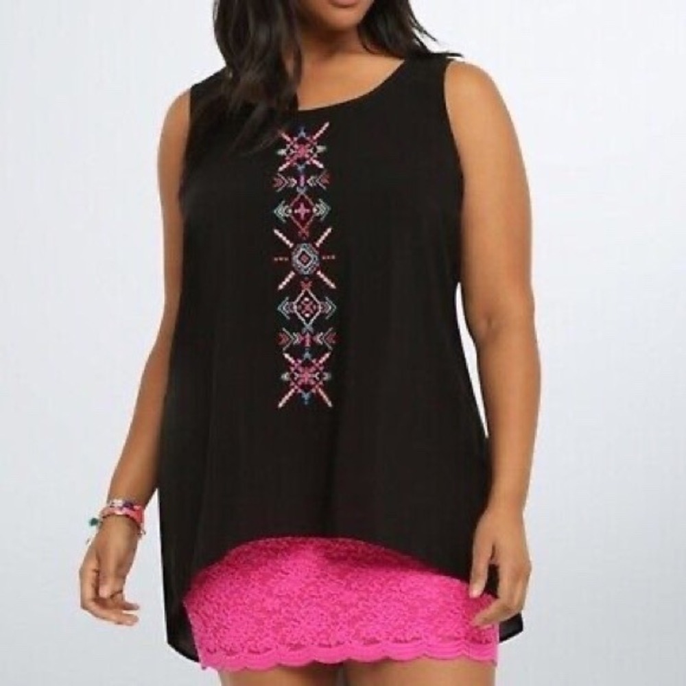 Torrid Black Embroidered Mesh‎ Back High Low Tank Top Plus Size 2 2X Boho Casual